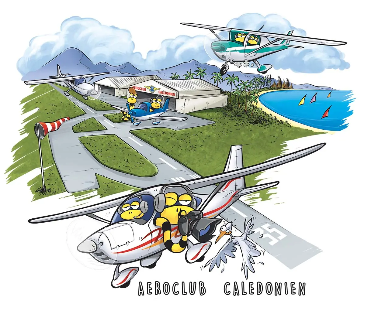 Illustration Aéroclub Calédonien — avions de la flotte au-dessus de Magenta