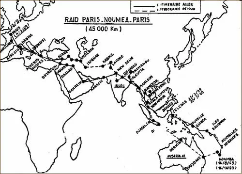 Carte du raid Paris–Nouméa–Paris, 45 000 km, avec itinéraire aller et retour